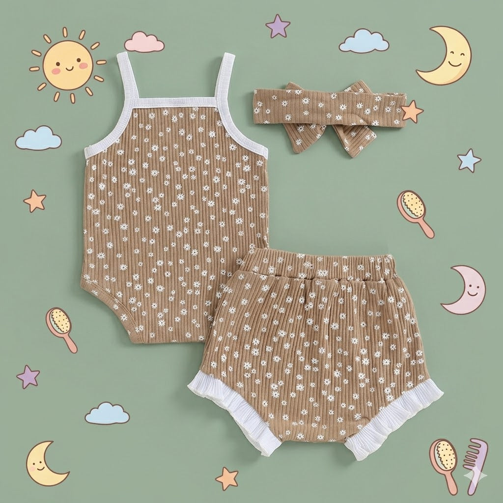 Children's brown floral outfit with matching headband on a green background with decorative elements.