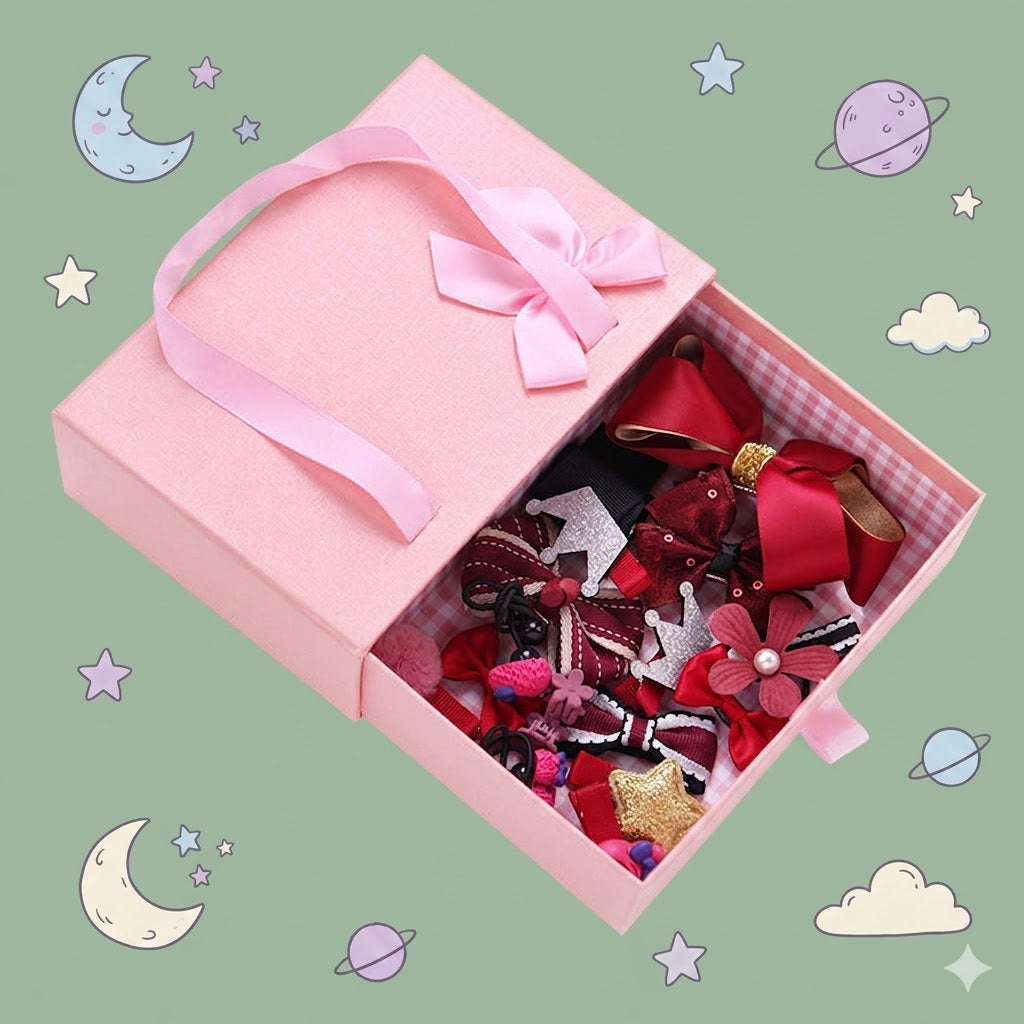 Pink gift box with decorative hair bows and ribbons