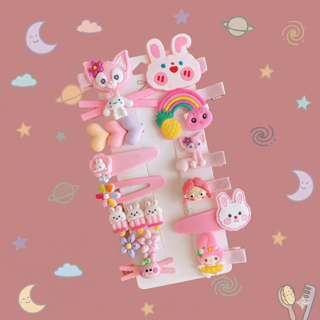Set of pink children's hair clips with animal designs