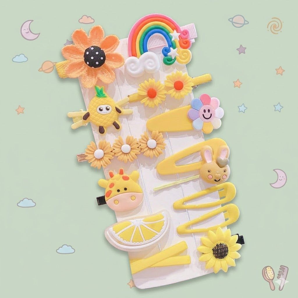Colourful hair clip set with various designs 