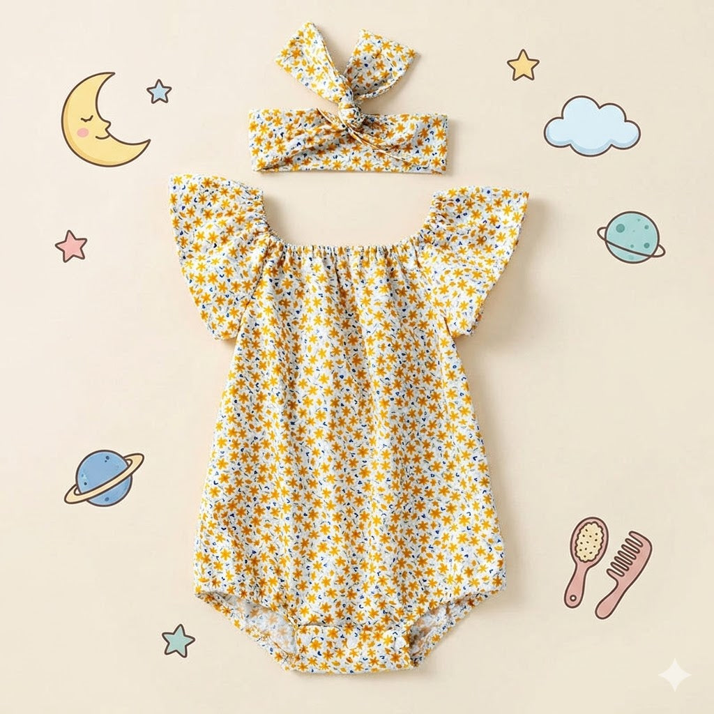 Yellow floral baby romper with matching headband 