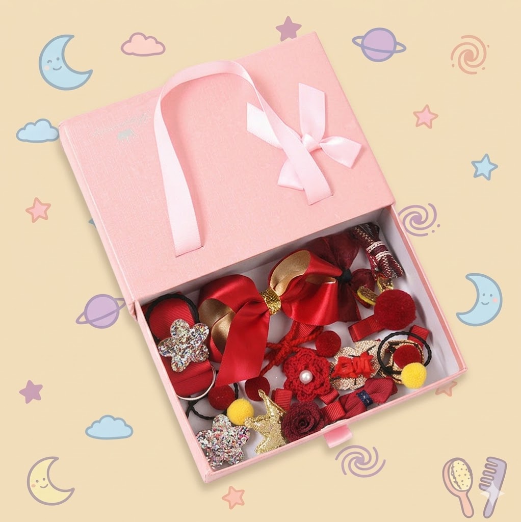 Pink gift box with decorative hair accessories 