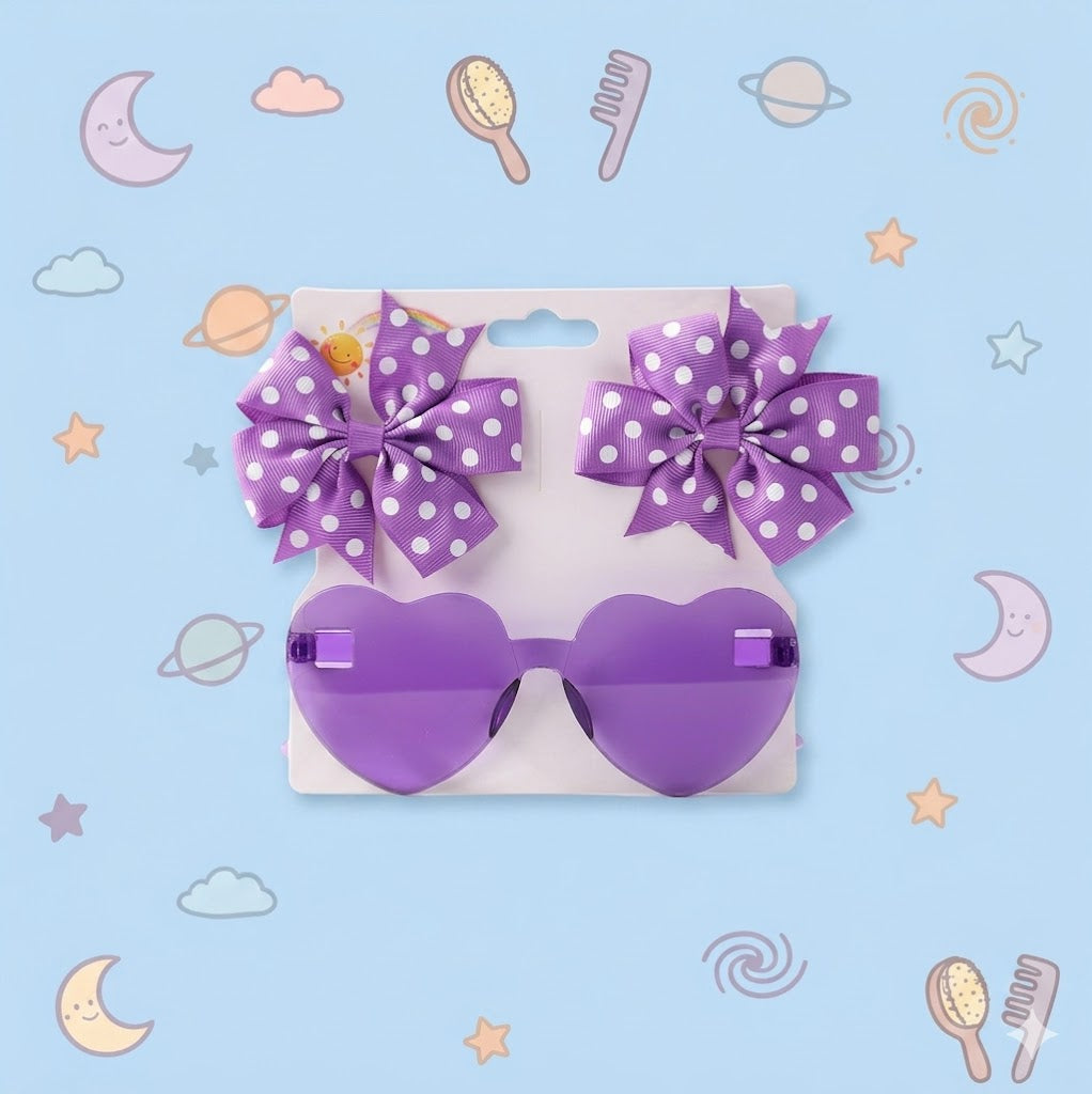 Purple sunglasses with heart shapes and matching purple bows