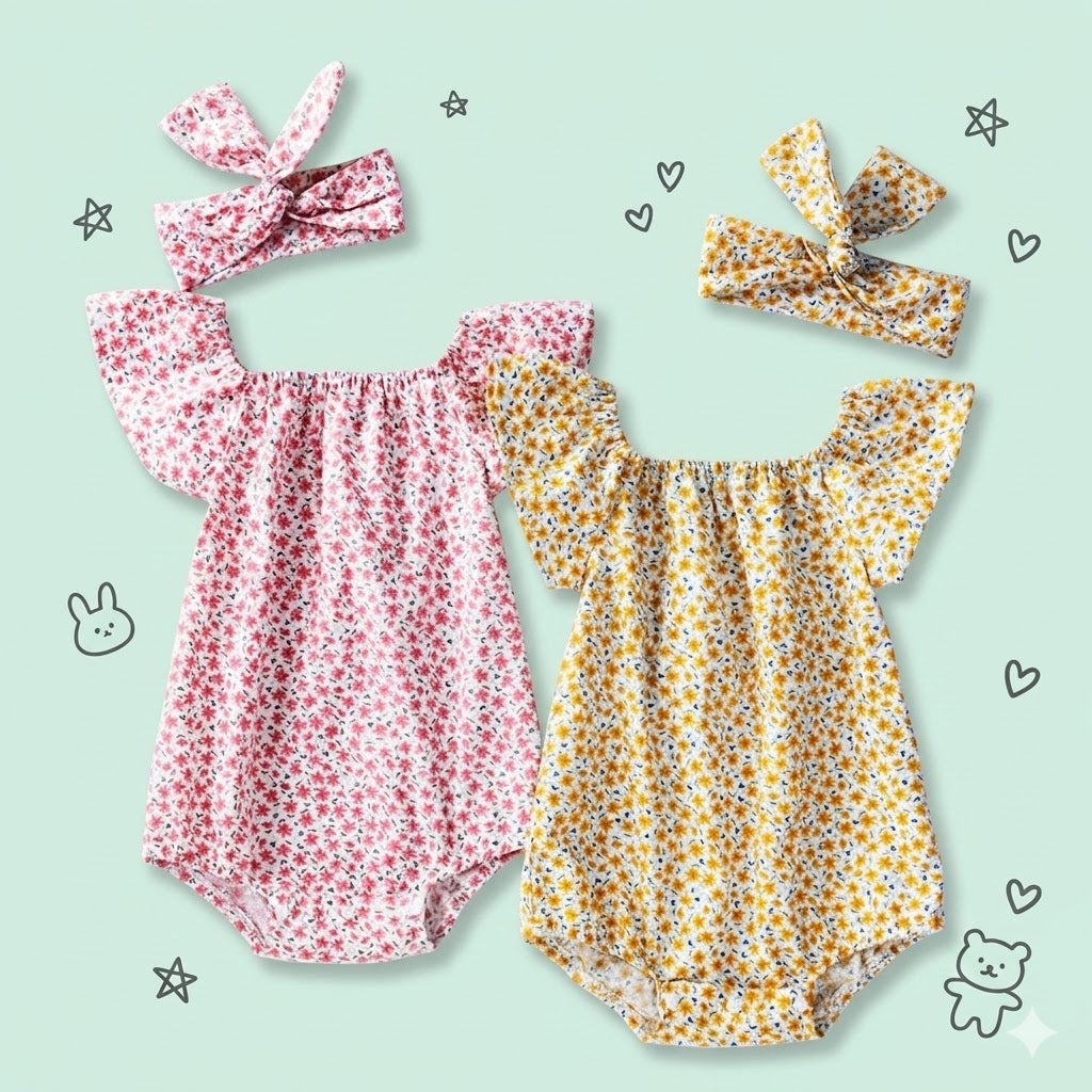 Two floral baby rompers with matching headbands 