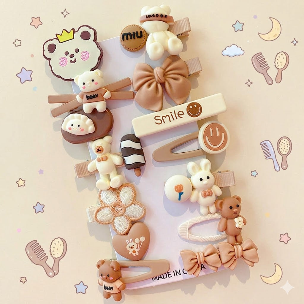 Collection of cute hair accessories including teddy bears, bows, and smiley faces 