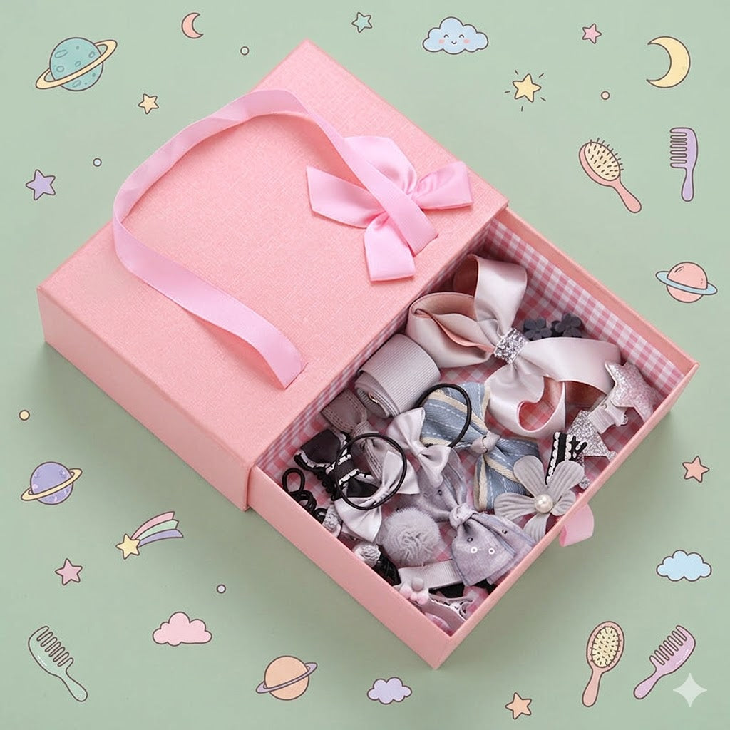 Pink gift box with hair accessories including headbands and clips