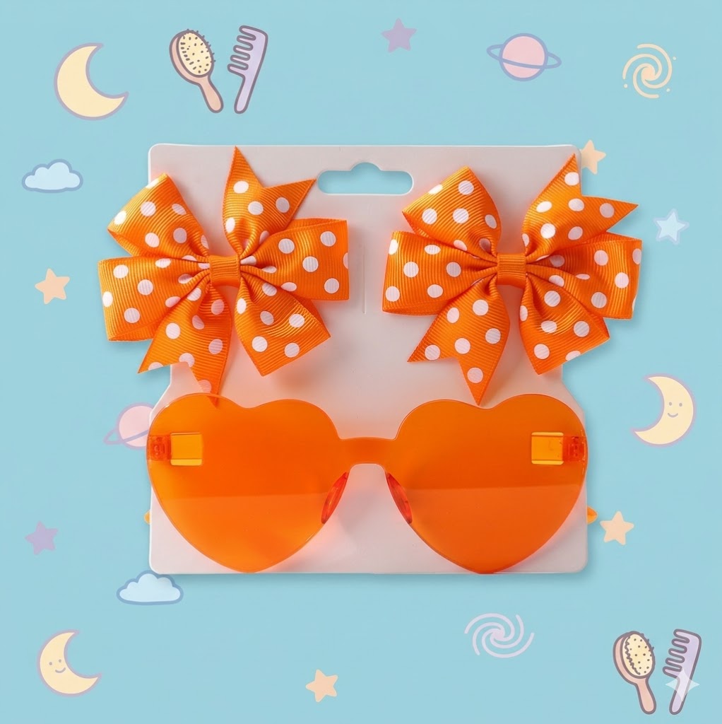 Orange heart-shaped sunglasses with matching polka dot bows 