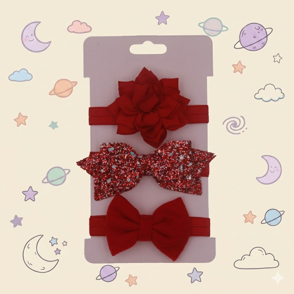 Set of red hair accessories including a headband and two bows on a white background