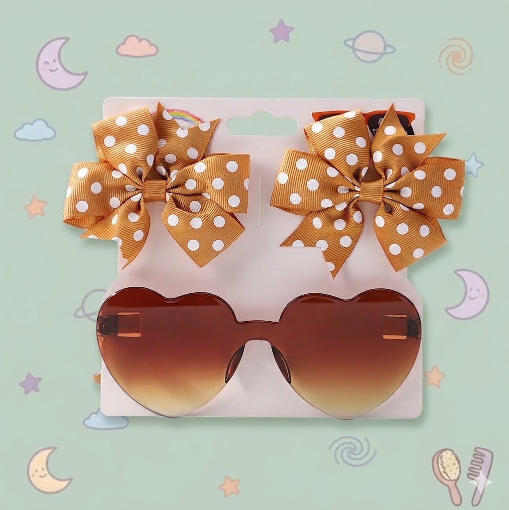 Heart-shaped sunglasses with brown and white polka dot bows on a white background