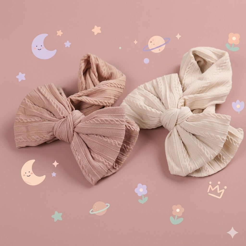 Two fabric bows, one pink and one beige