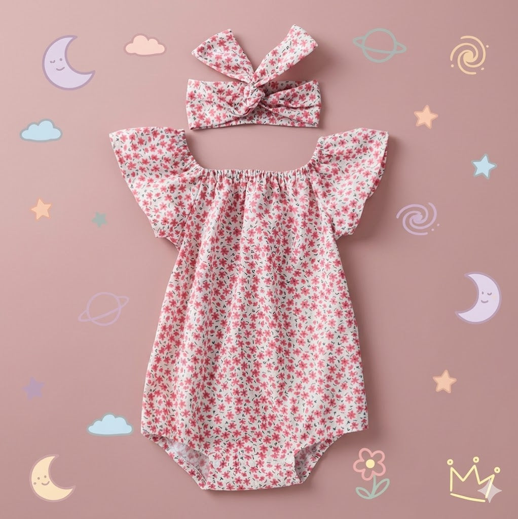 Floral baby romper with matching headband on a pink background with decorative elements.