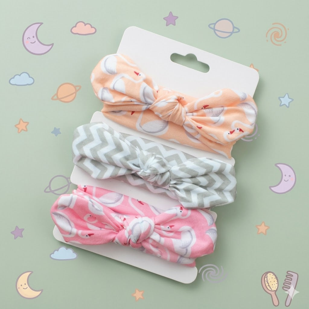 Set of three baby headbands with patterns held against a natural background
