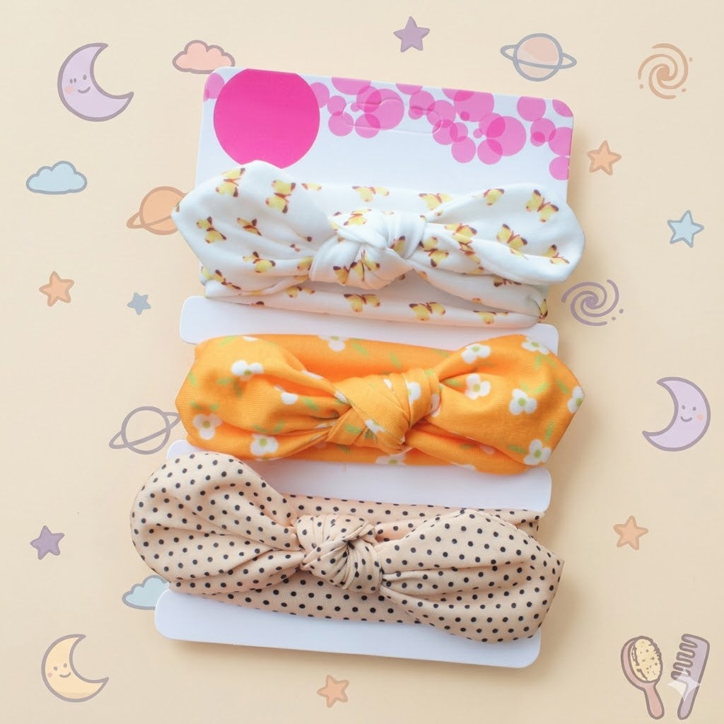 Stack of colourful headbands with a pink floral pattern on top