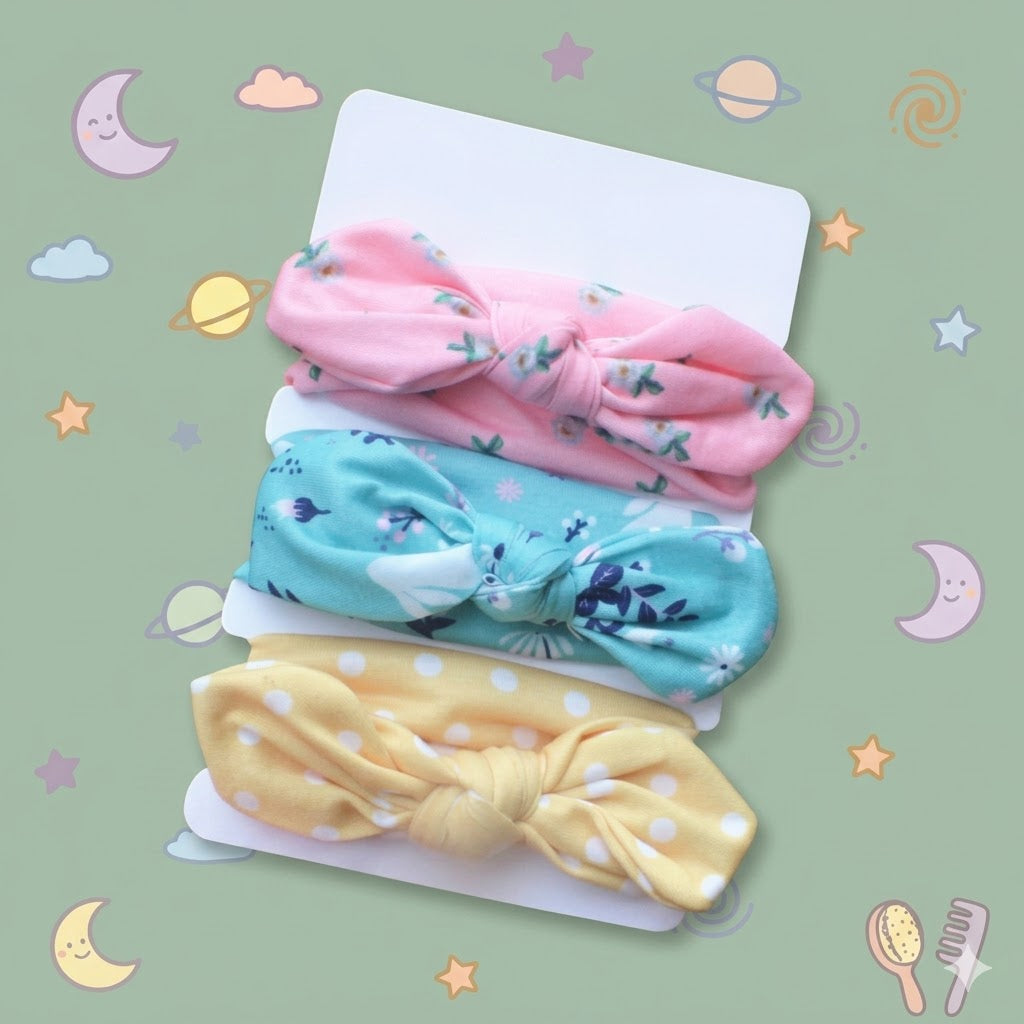Three colorful headbands with bows held against a card