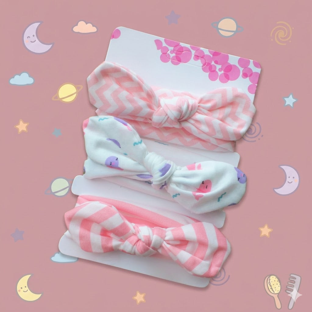 Three baby headbands with bows in front of a pink and white floral package.