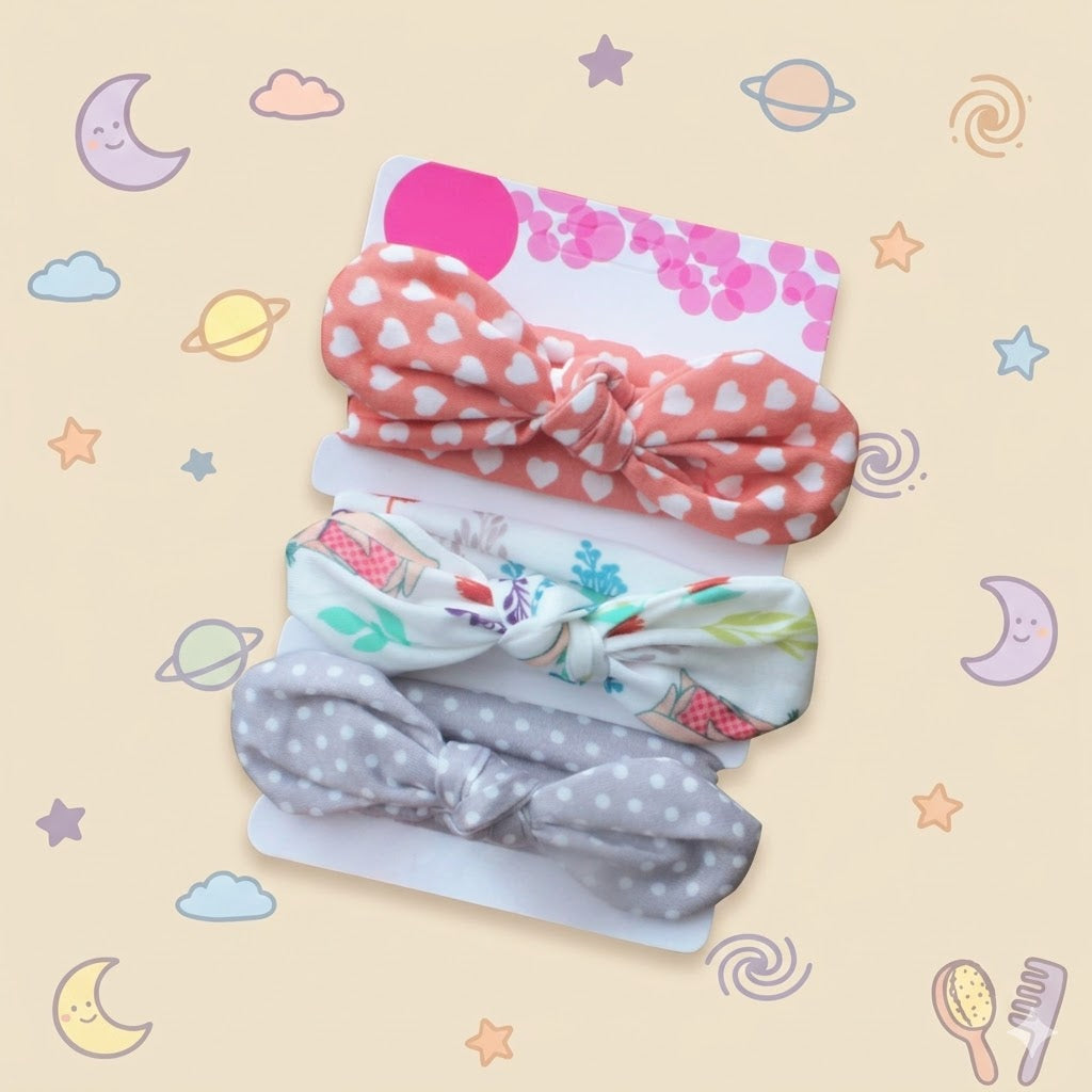 Set of colorful hair bows with floral and polka dot patterns on a grassy background
