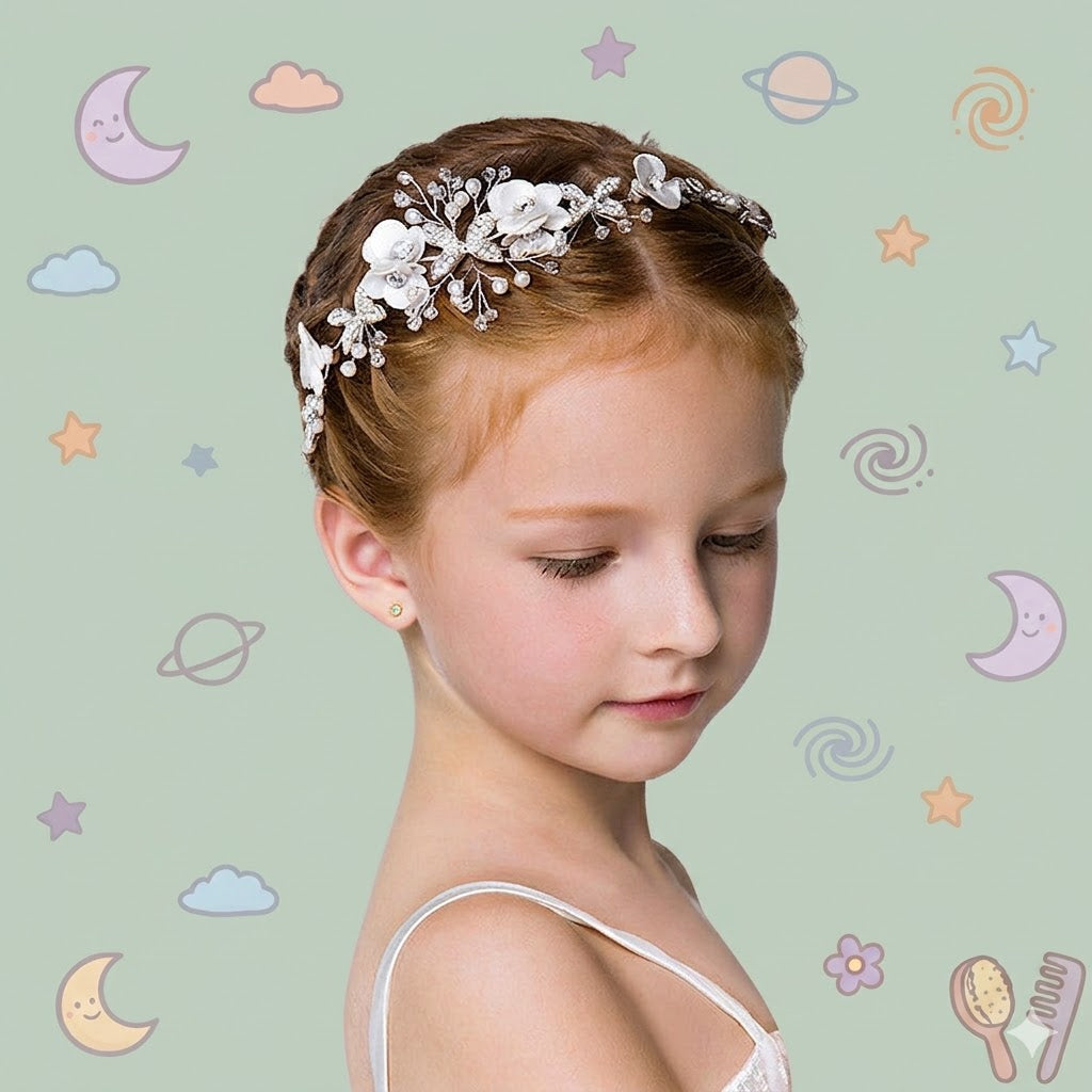 Young girl wearing a decorative floral headband against a sage background