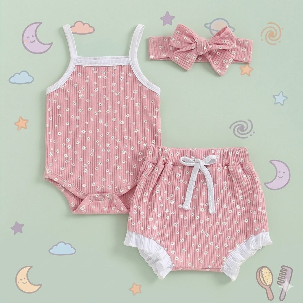 Baby outfit set with pink floral romper and shorts on a sage background