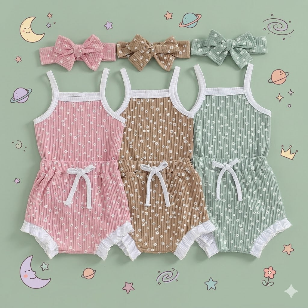 Three baby rompers in pink, brown, and green with matching headbands on a white background