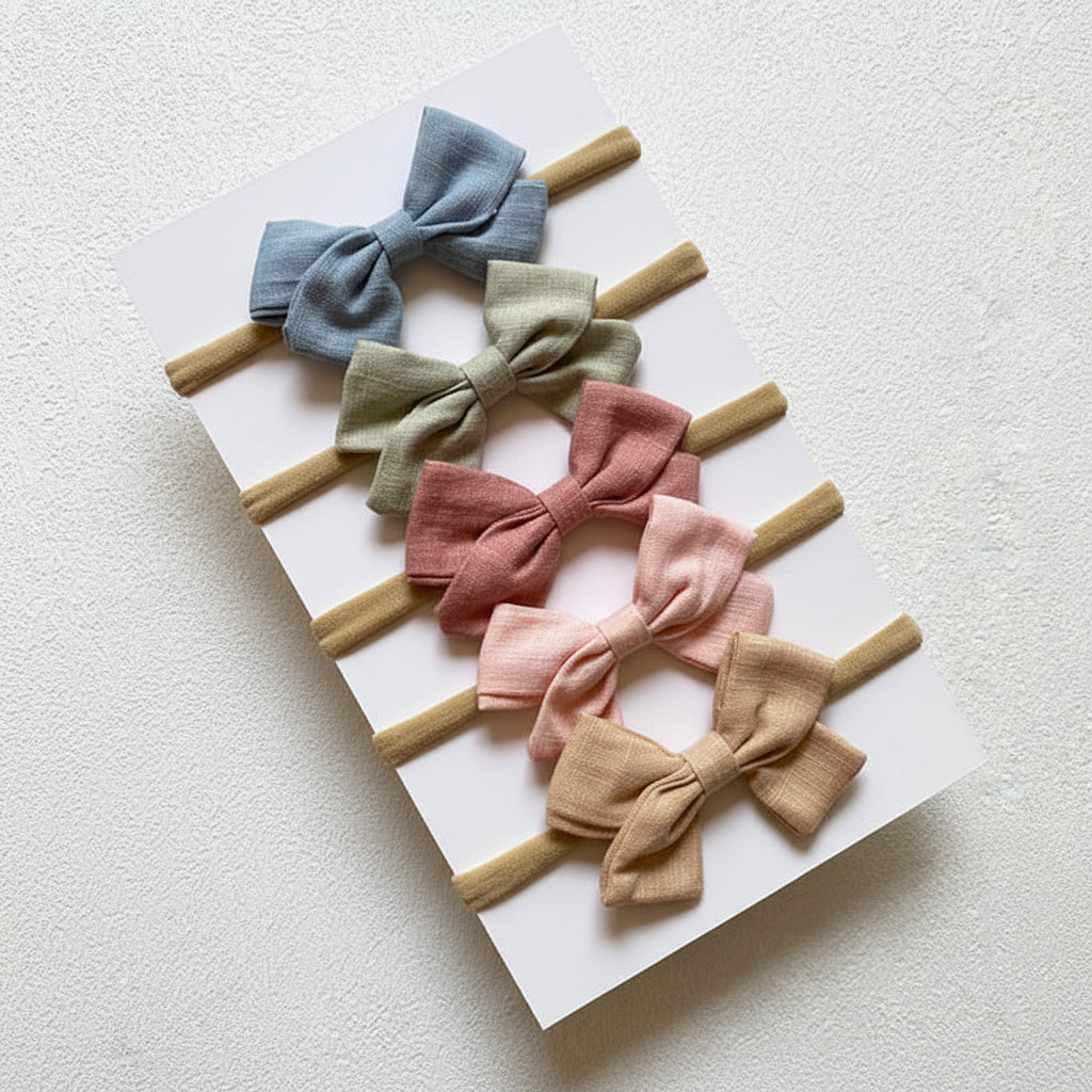 Set of colourful fabric hair bows on a white card 