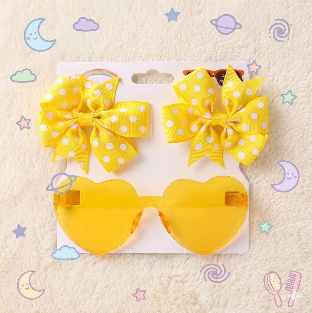 Yellow heart-shaped sunglasses with polka dot bows 