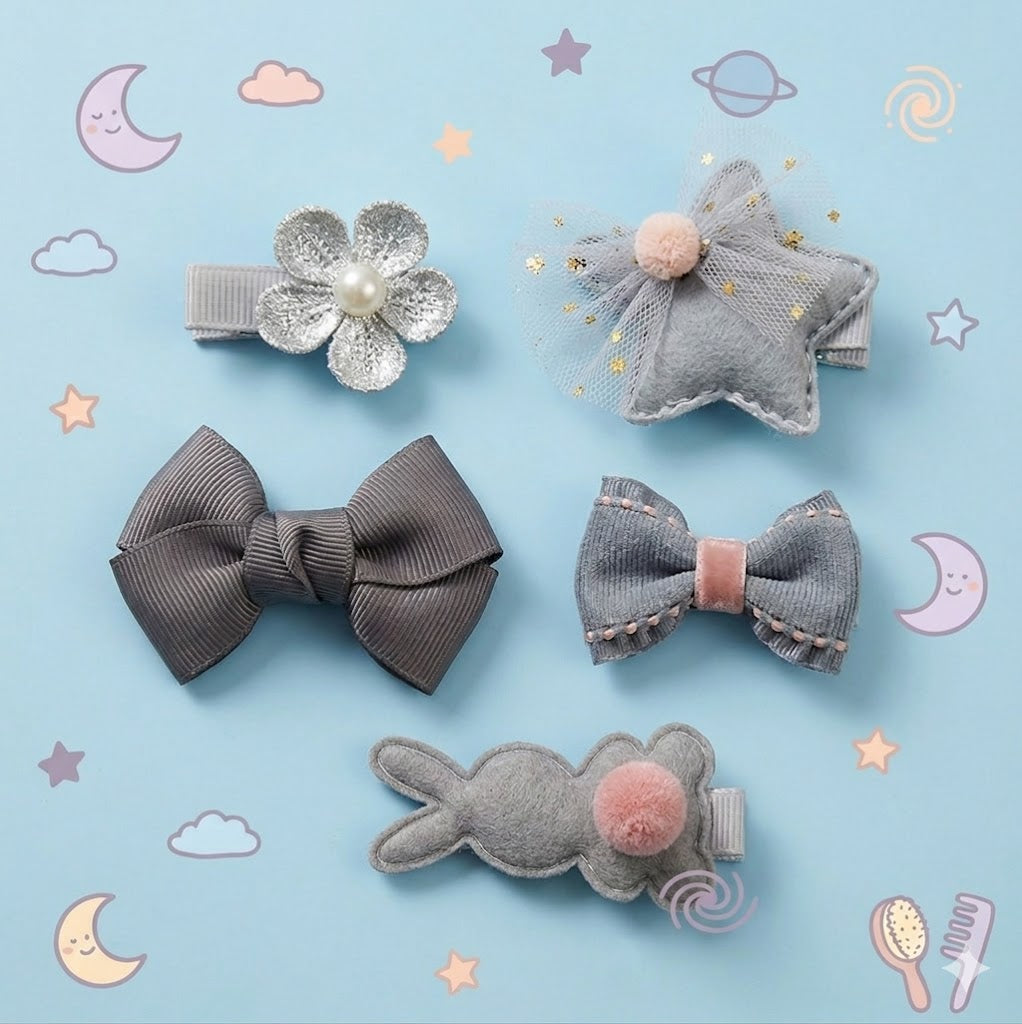 Set of grey hair accessories including bows and a rabbit design 