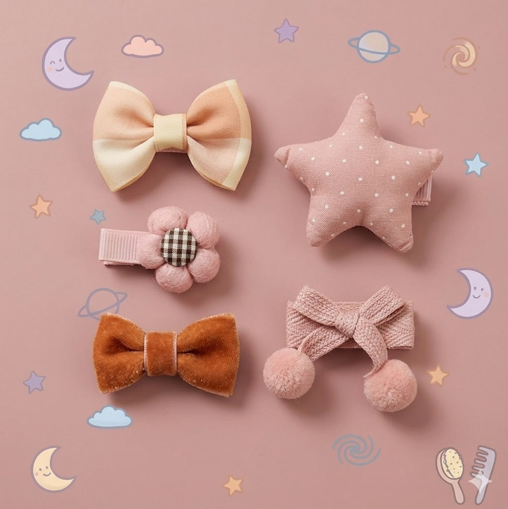 Set of colourful hair accessories including bows and stars 