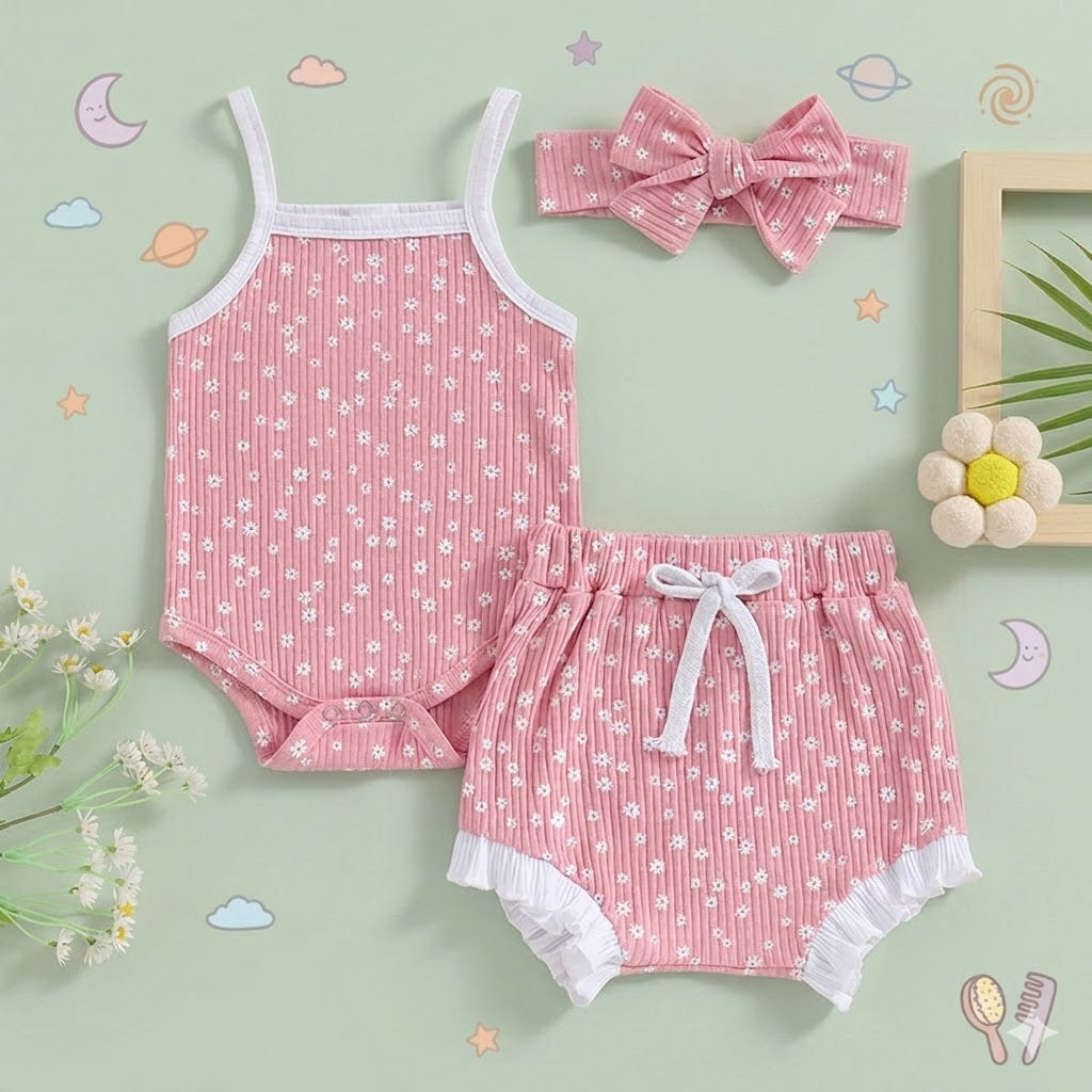 Baby outfit set with pink floral romper and shorts