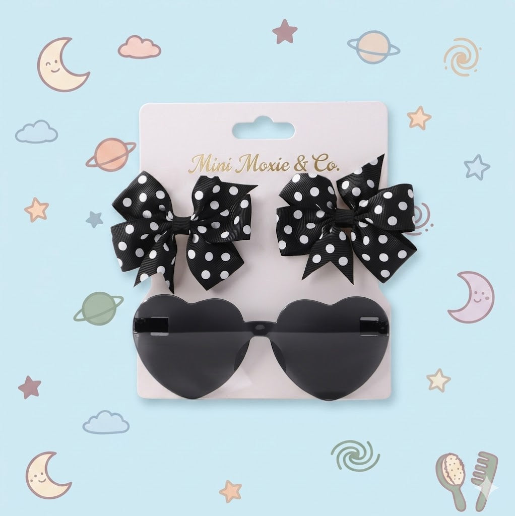 Black heart-shaped sunglasses with polka dot bows 