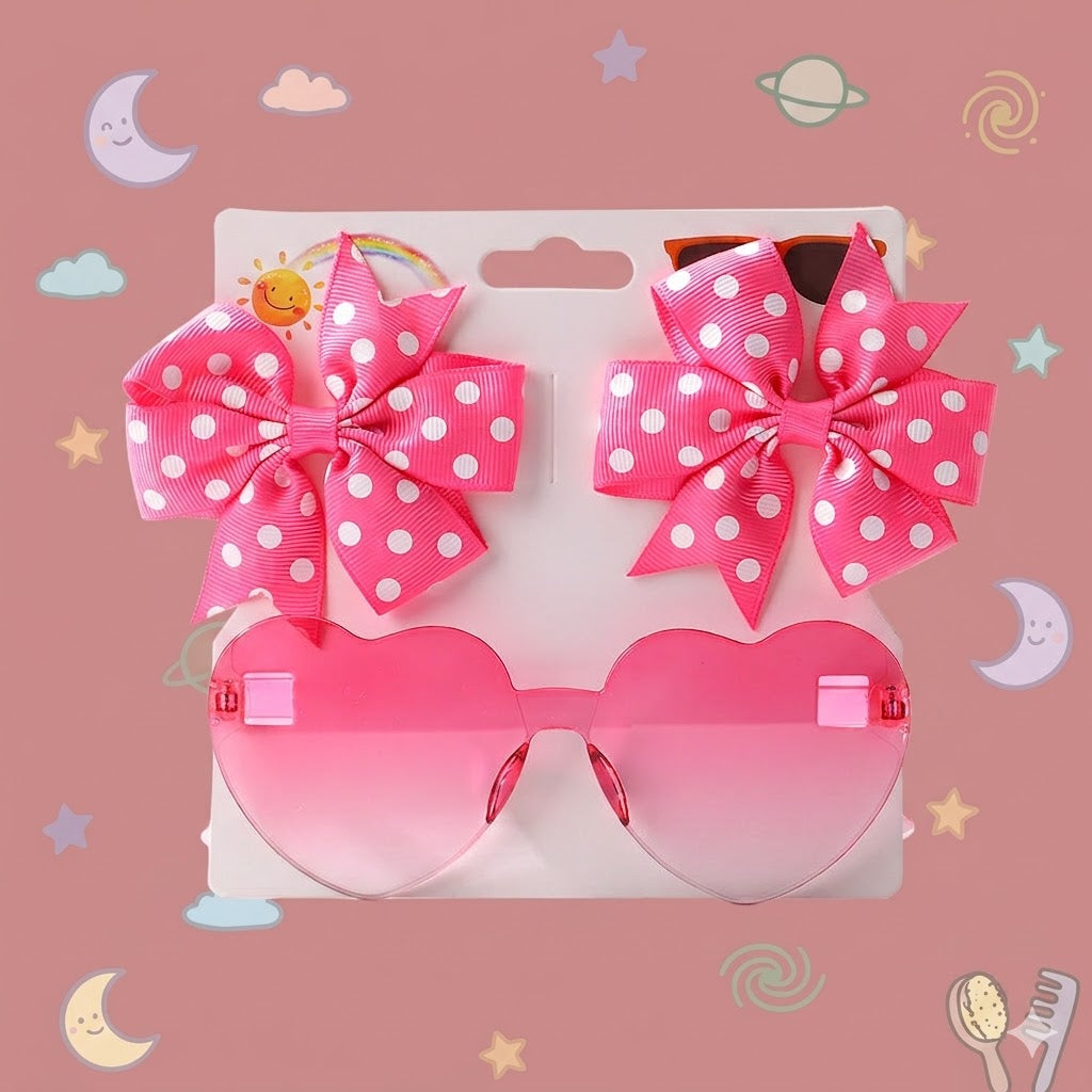 Heart-shaped pink sunglasses with pink polka dot bows
