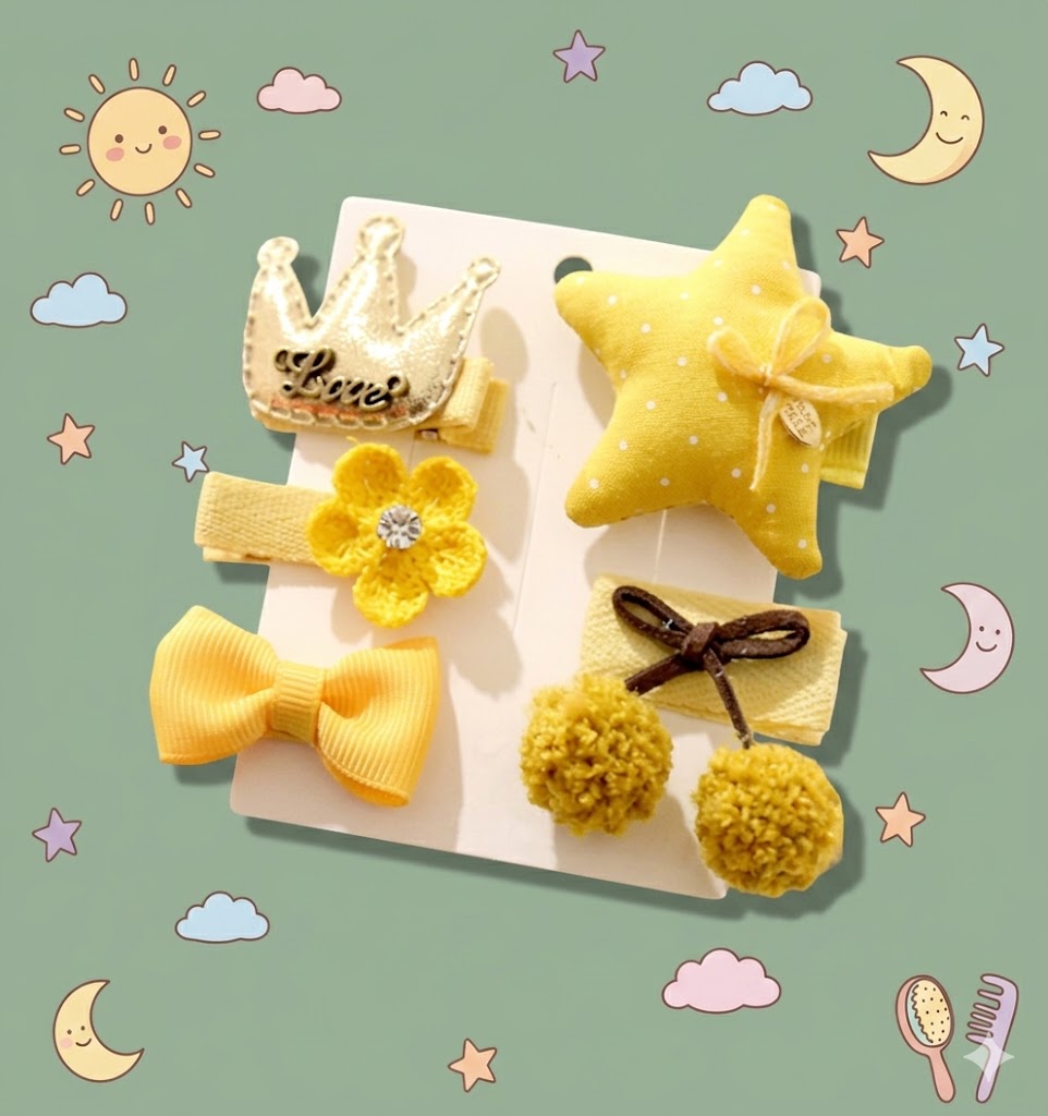 Set of yellow hair accessories including flowers, stars, and bows 