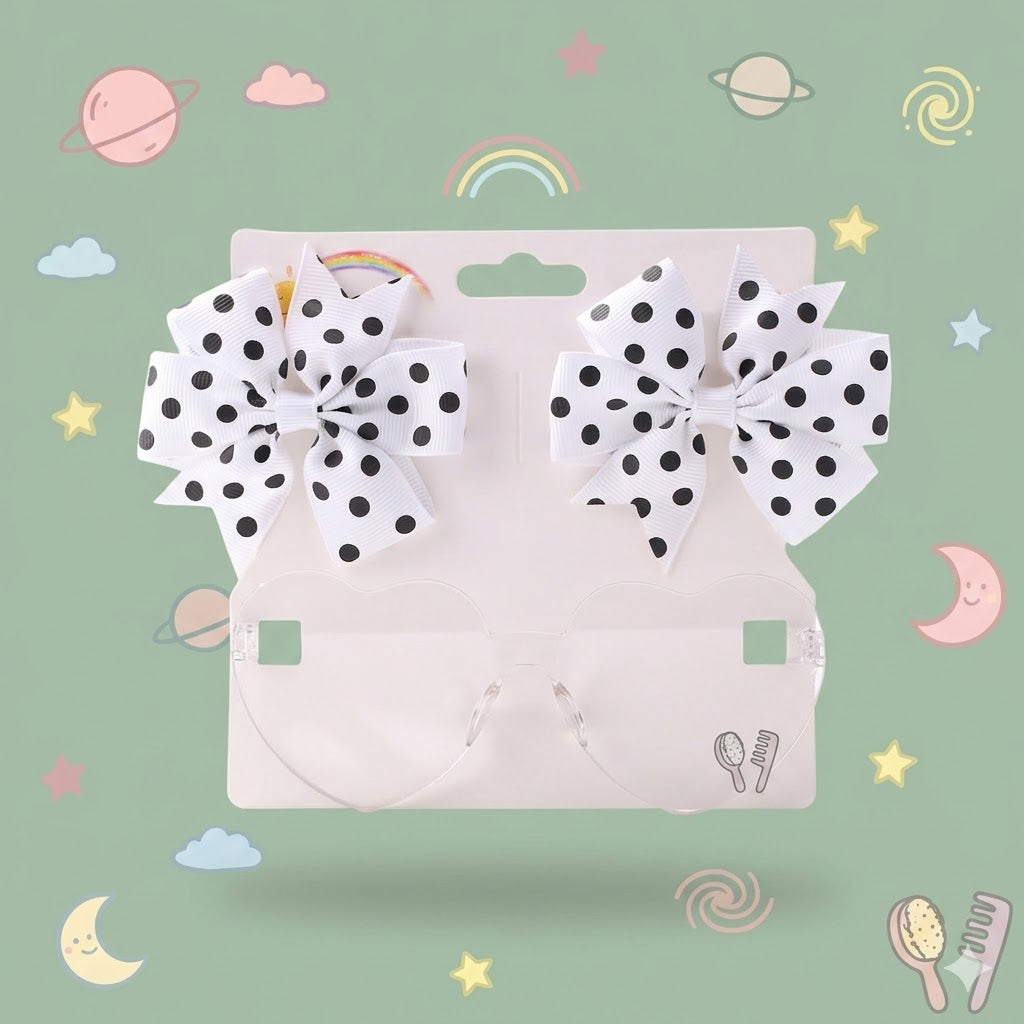 Pair of polka dot hair bows on a clear plastic card 