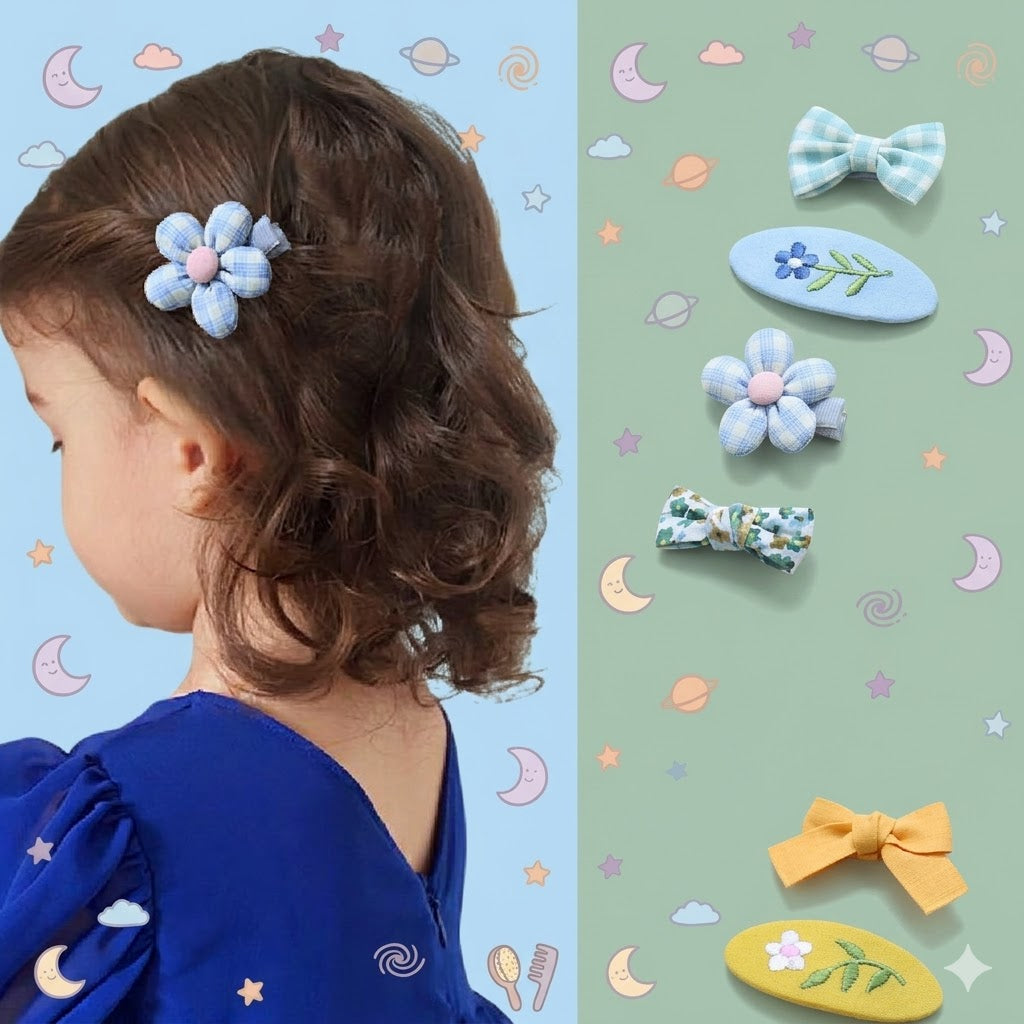 Child with floral hair clip and collection of decorative hair clips on a patterned background