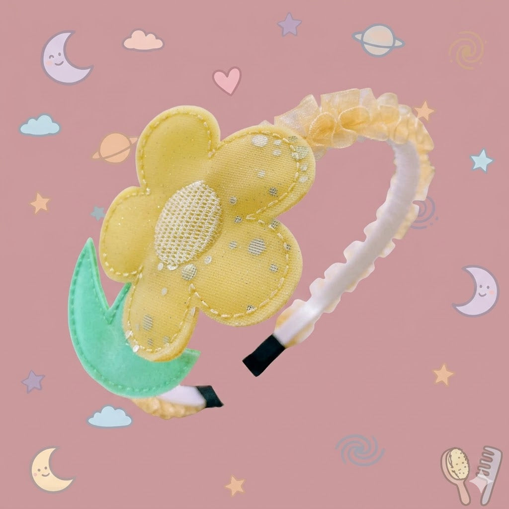Yellow flower-shaped hairband with green leaves 