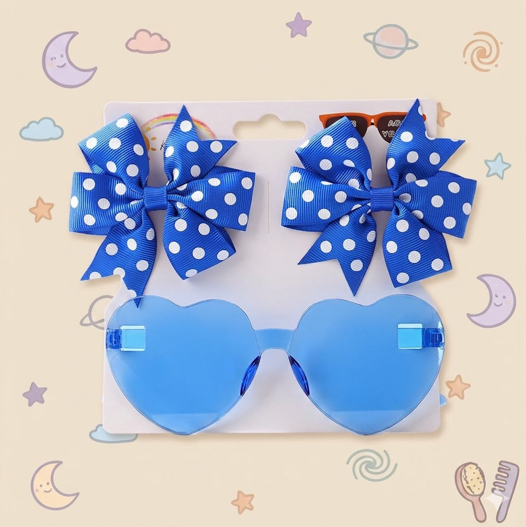 Heart-shaped blue sunglasses with blue polka dot bows on a white background