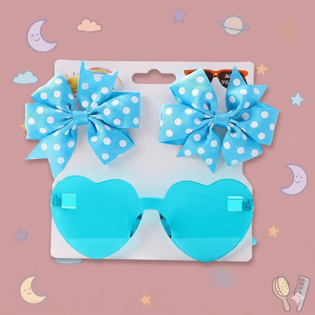 Turquoise heart-shaped sunglasses with matching blue bows on a white background