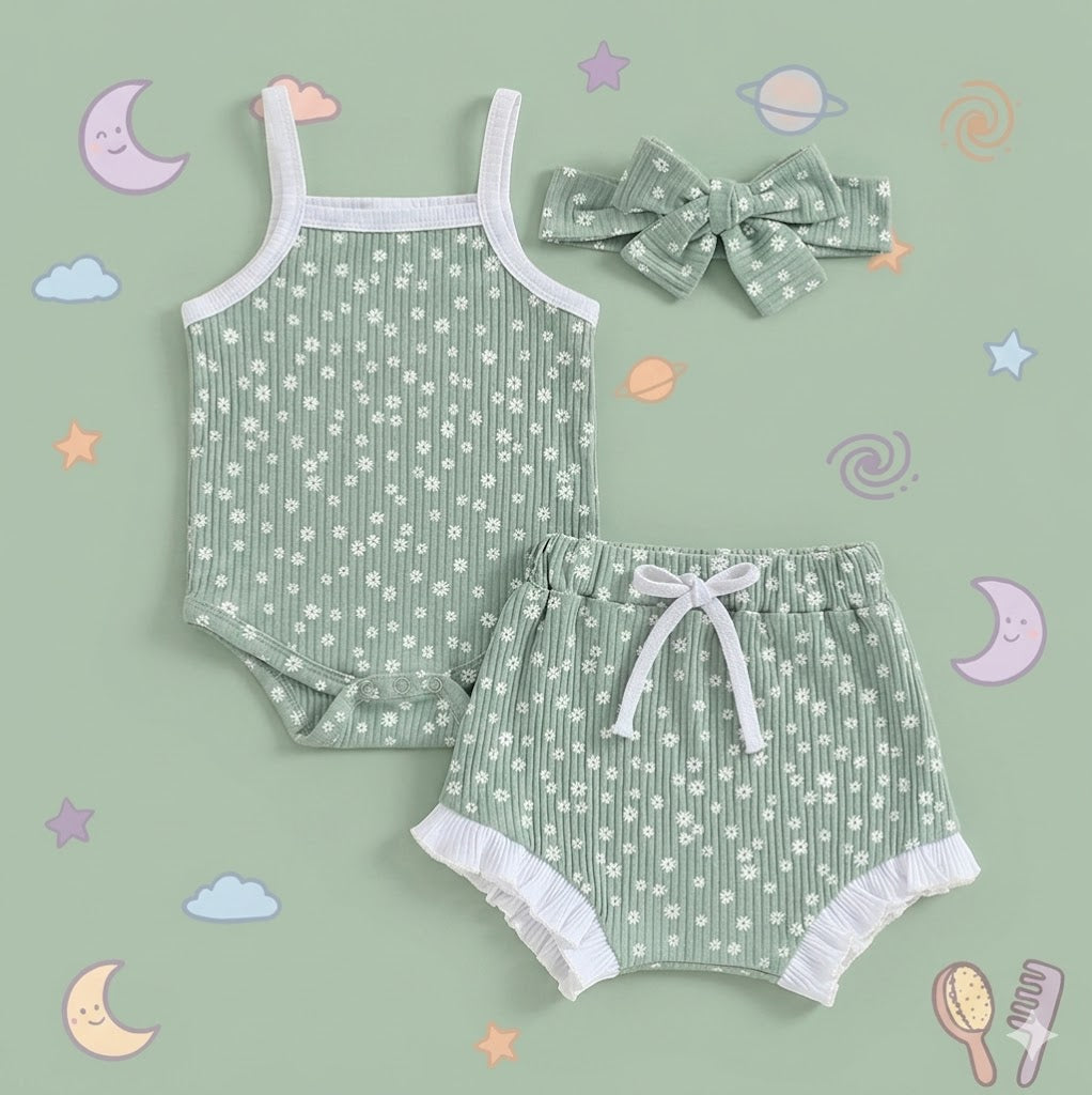 Green floral baby outfit with matching headband
