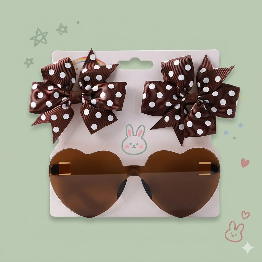 Heart-shaped sunglasses with gold bows featuring white polka dots 