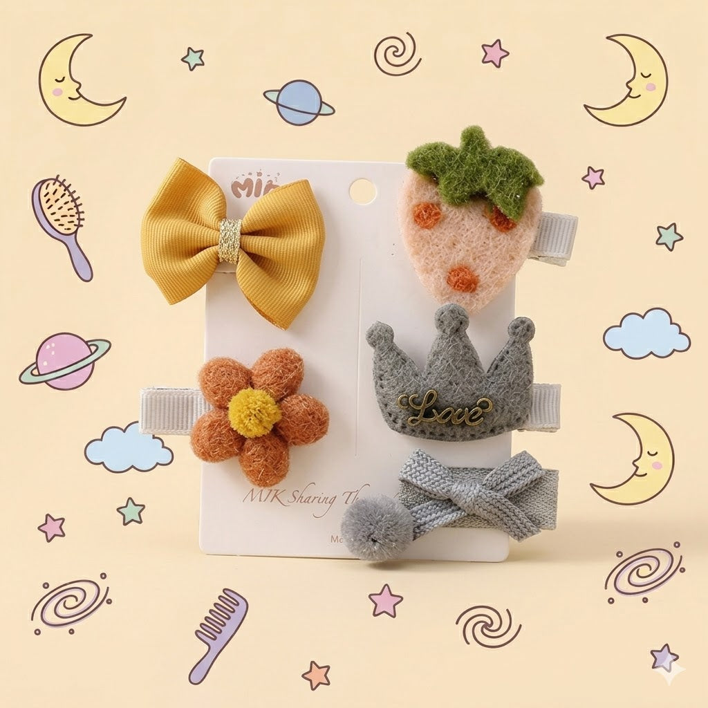 Set of decorative hair clips including a yellow bow, flower, and crowns on a card 