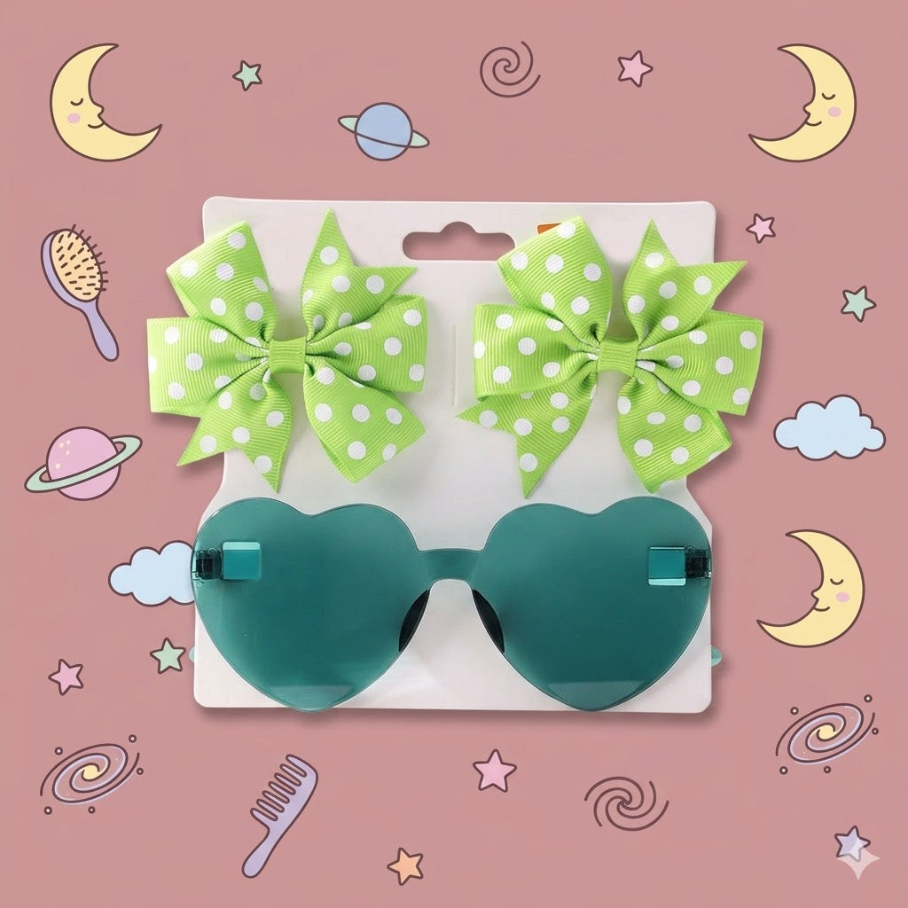 Heart-shaped sunglasses with green frames and polka dot bows