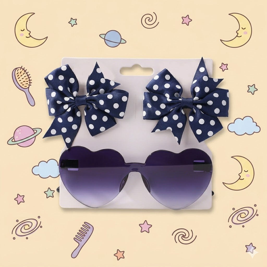 Heart-shaped sunglasses with navy blue and white polka dot bows