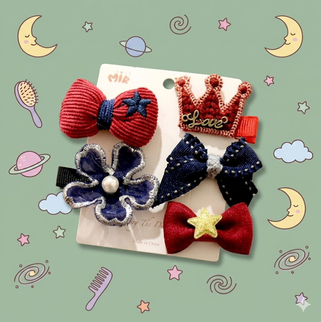 Set of decorative hair clips on a card held 