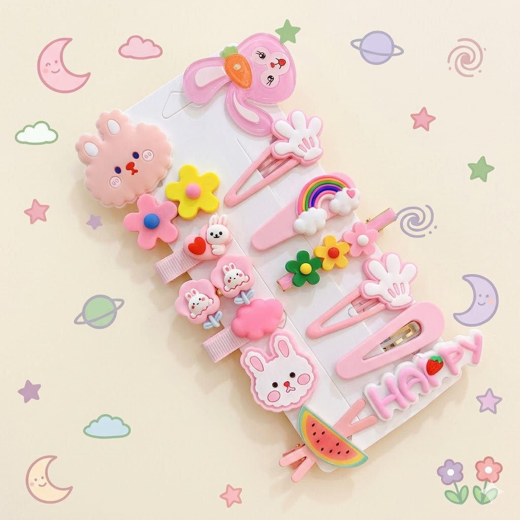 Set of colourful children's hair clips with cartoon designs 