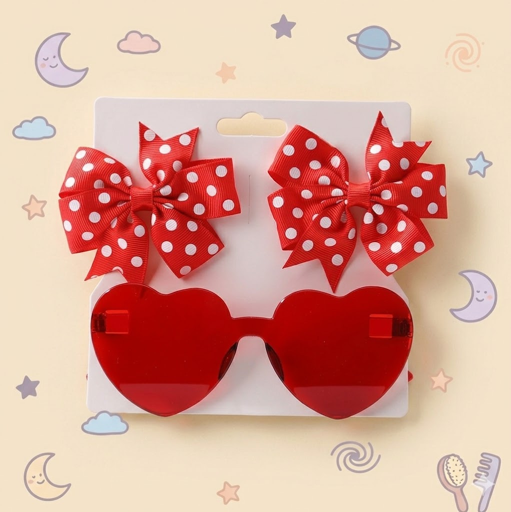 Red heart-shaped sunglasses with pink polka dot bows 