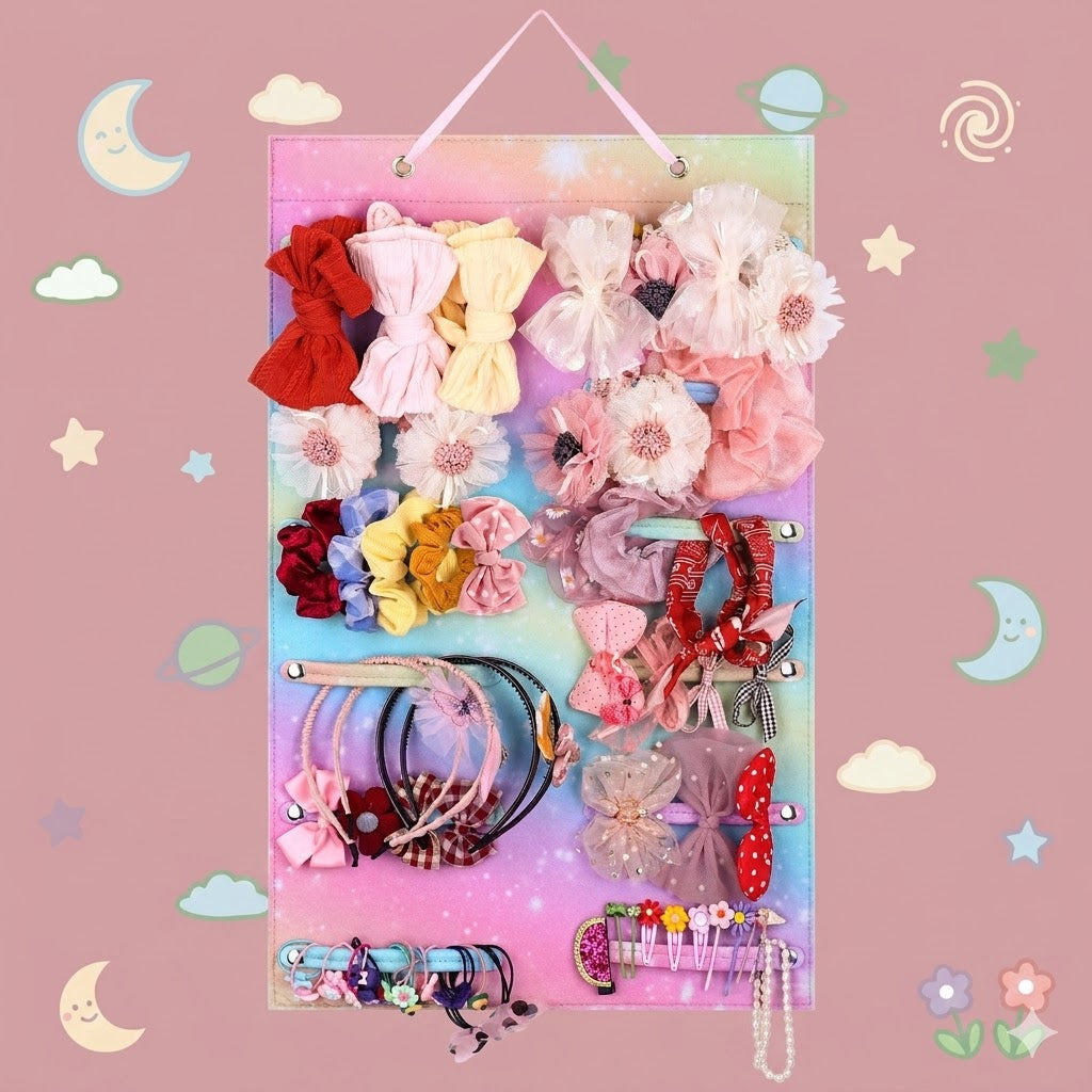 Colorful hair accessory organizer with various hair bows and clips on a pastel background